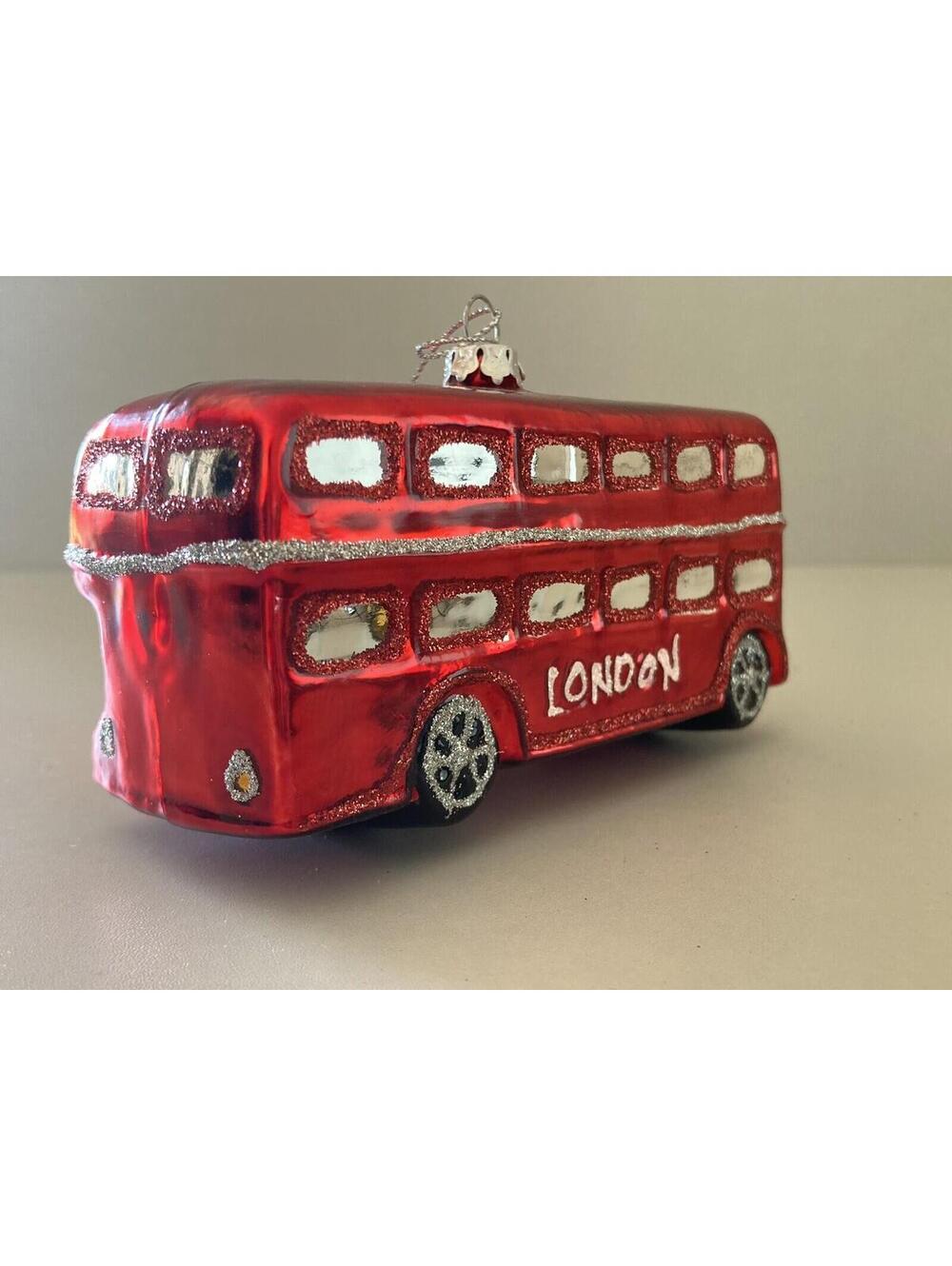 St. Nicholas Square Red London Double Decker Bus Blown Glass Ornament (4.75" L)
